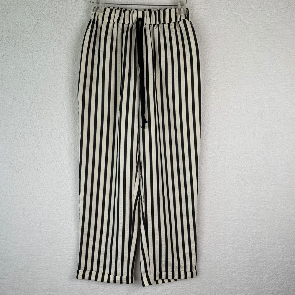 Emery Rose Womens Black White Striped Elastic‎ Waist Drawstring Pants Small